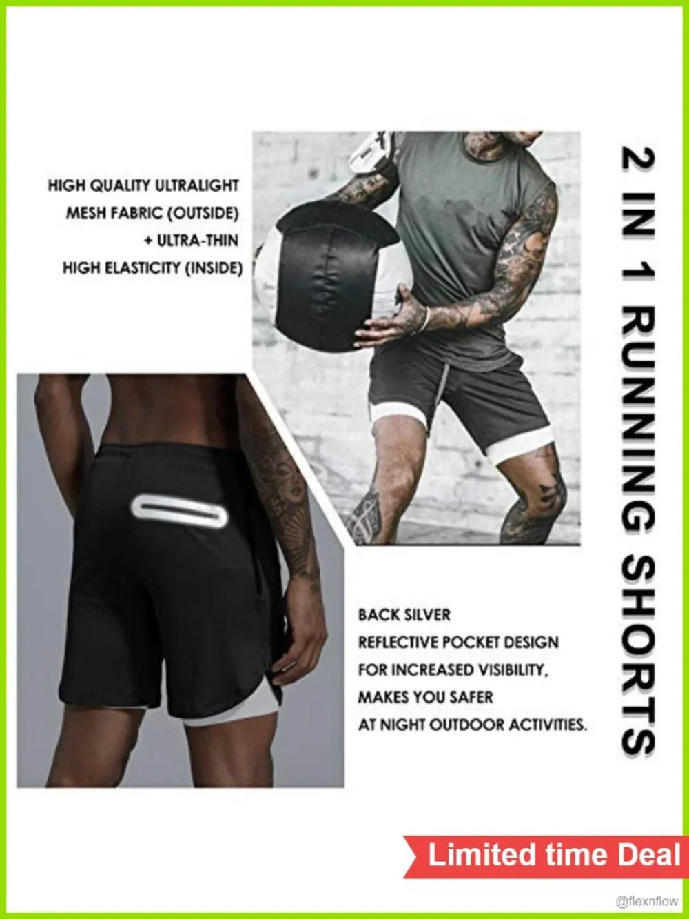 Men's 2 in 1 Workout Running Shorts with Zipper Pockets Quick-Dry 7